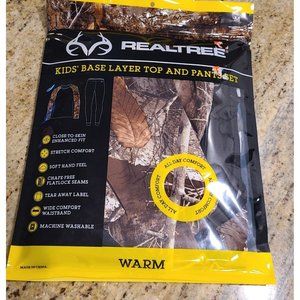 New! RealTree Youth Size M Base Layer Top & Pants Set Brown Camo Sticks Leaves